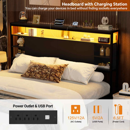 Queen Headboard with Storage, Headboards with Power Outlets and Smart LED Light, Sturdy Head Board for Queen Size Bed