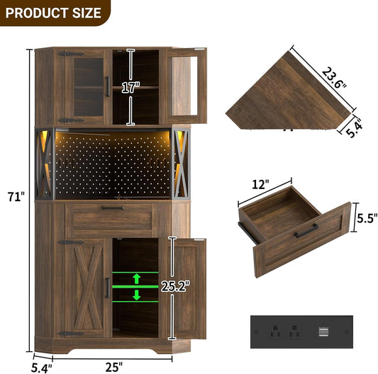 Corner Pantry Cabinet with Outlets & LED Lights, 71" Tall Corner Kitchen Pantry Storage Cabinet with Doors and Adjustable Shelf