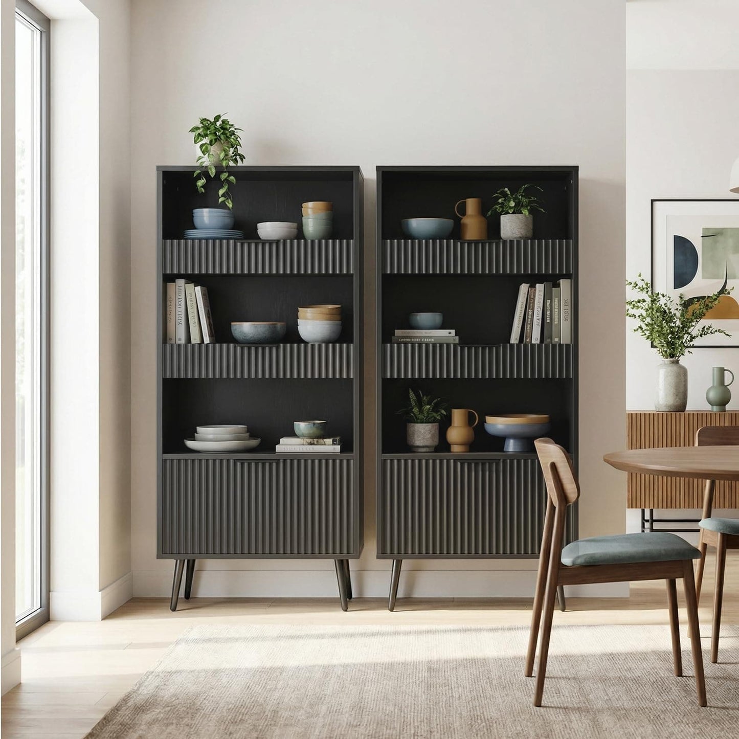 Modern Fluted Storage Cabinet, 51.2" Tall Freestanding Organizer with 3 Drawers & Open Shelf, Versatile Pantry Cabinet for Bathroom, Kitchen, Entryway - Narrow Design for Small Spaces