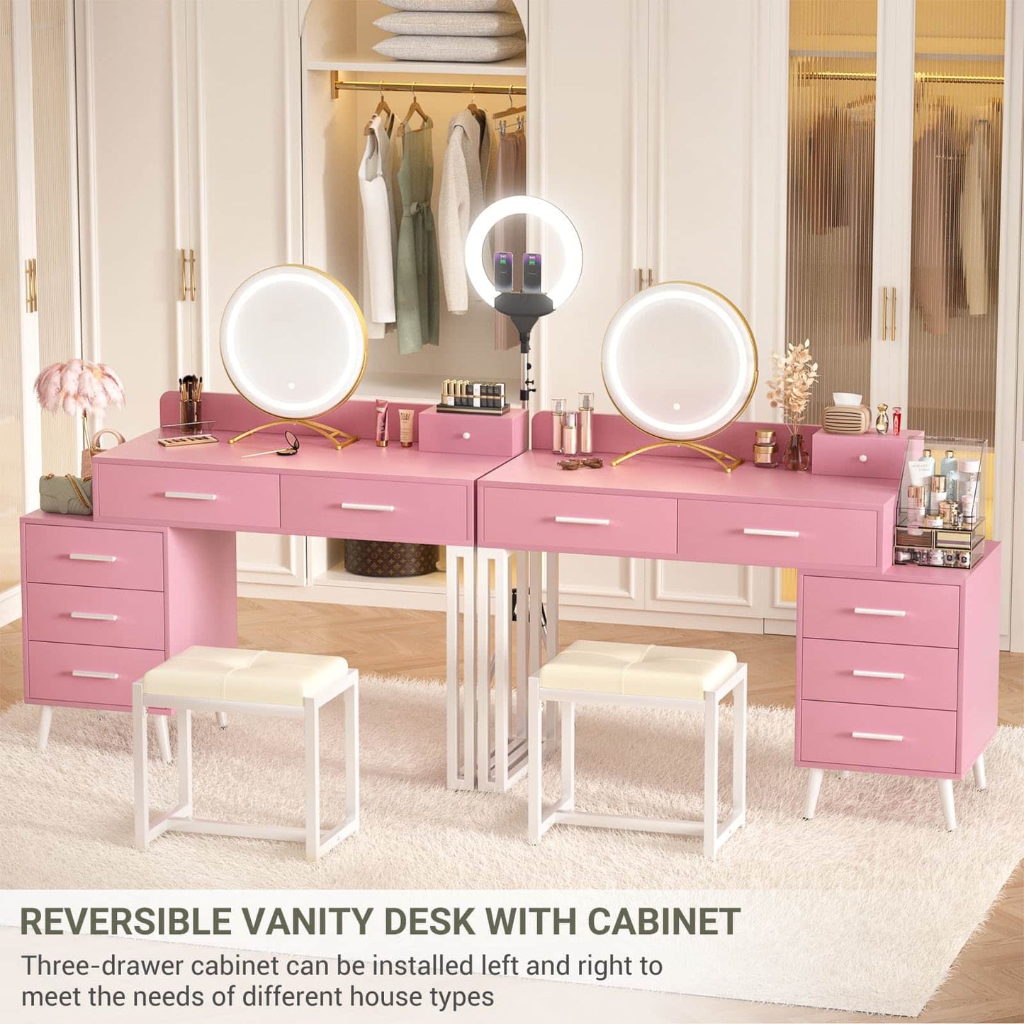 Vanity Desk with Mirror and Lights, Modern Makeup Vanity Table Set with 6 Storage Drawers and Cushioned Stool