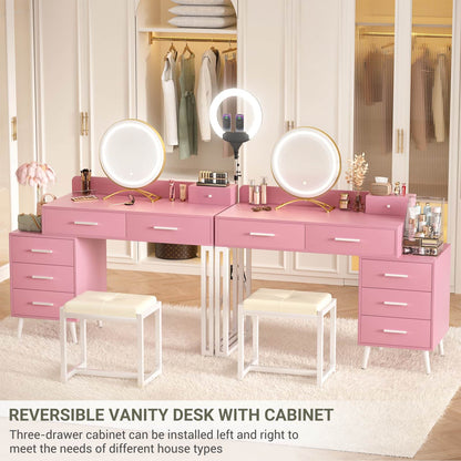 Vanity Desk with Mirror and Lights, Modern Makeup Vanity Table Set with 6 Storage Drawers and Cushioned Stool