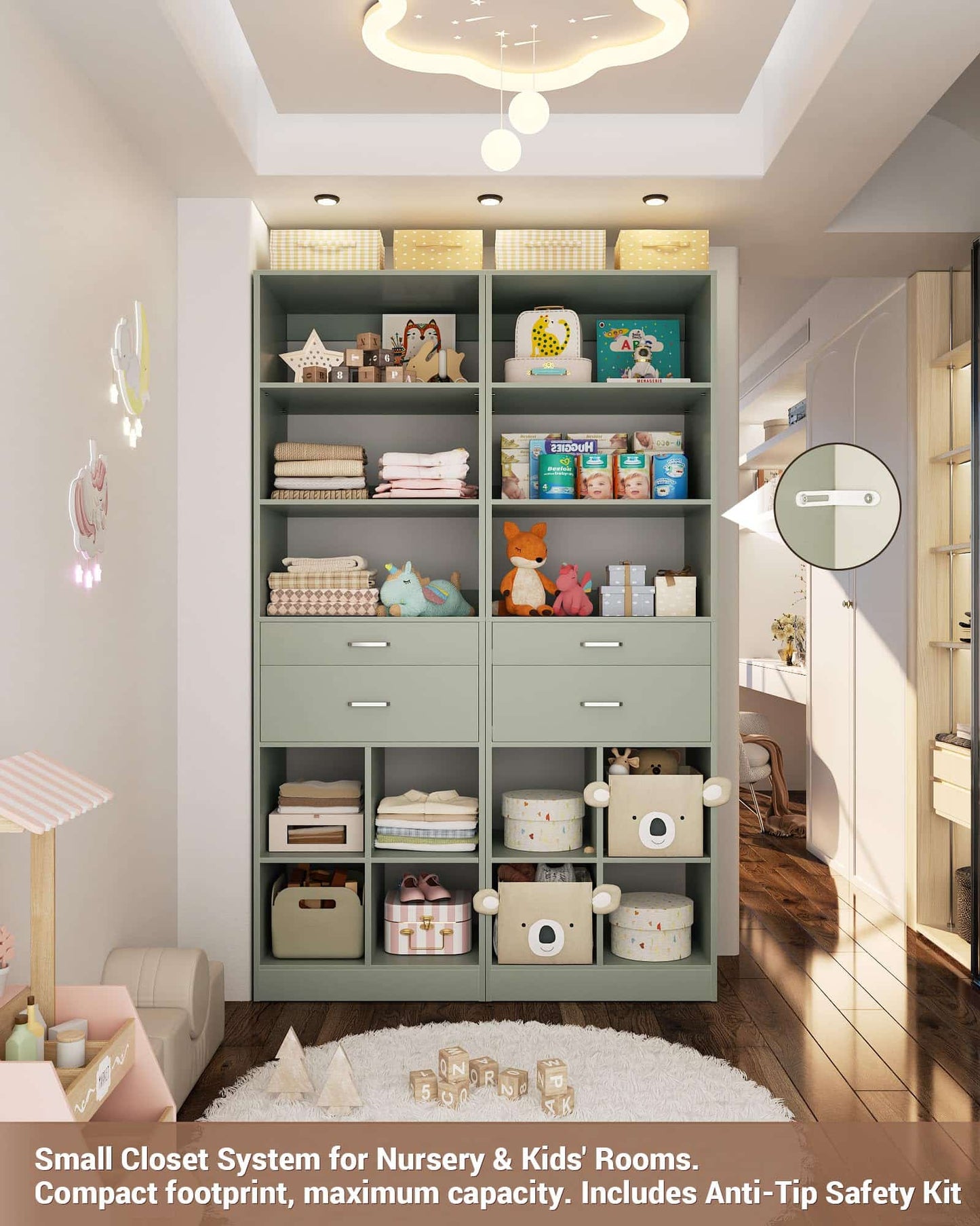 Tall Vertical Closet System, 18.9" Width Freestanding Wardrobe Storage Unit with Adjustable Shelves & Smooth-Glide Drawers