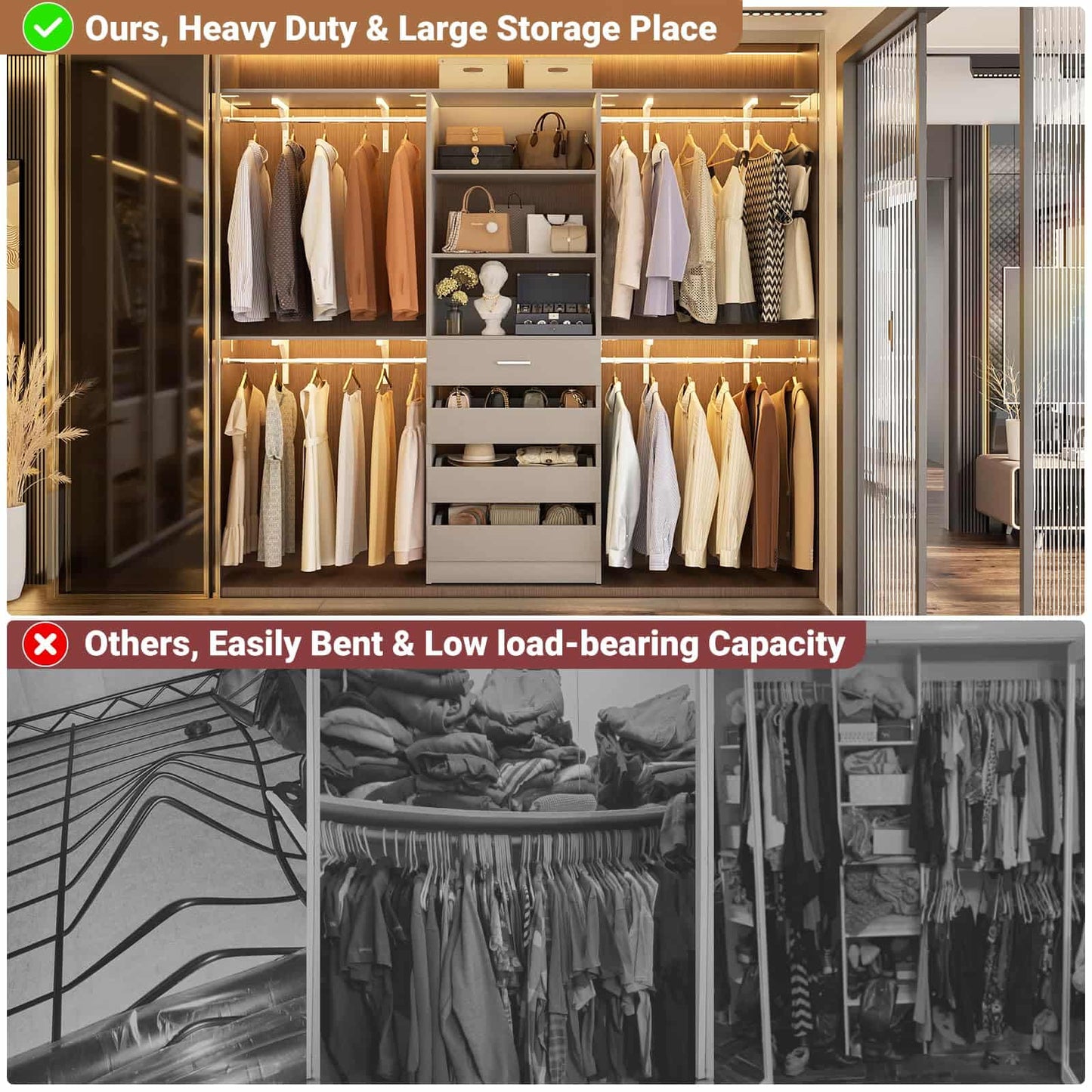 Closet System, 8FT Closet Organizer with 4 Wooden Drawers, Wood Closet Organizer System with Tower, Walk-in Closet Organizer Wardrobe