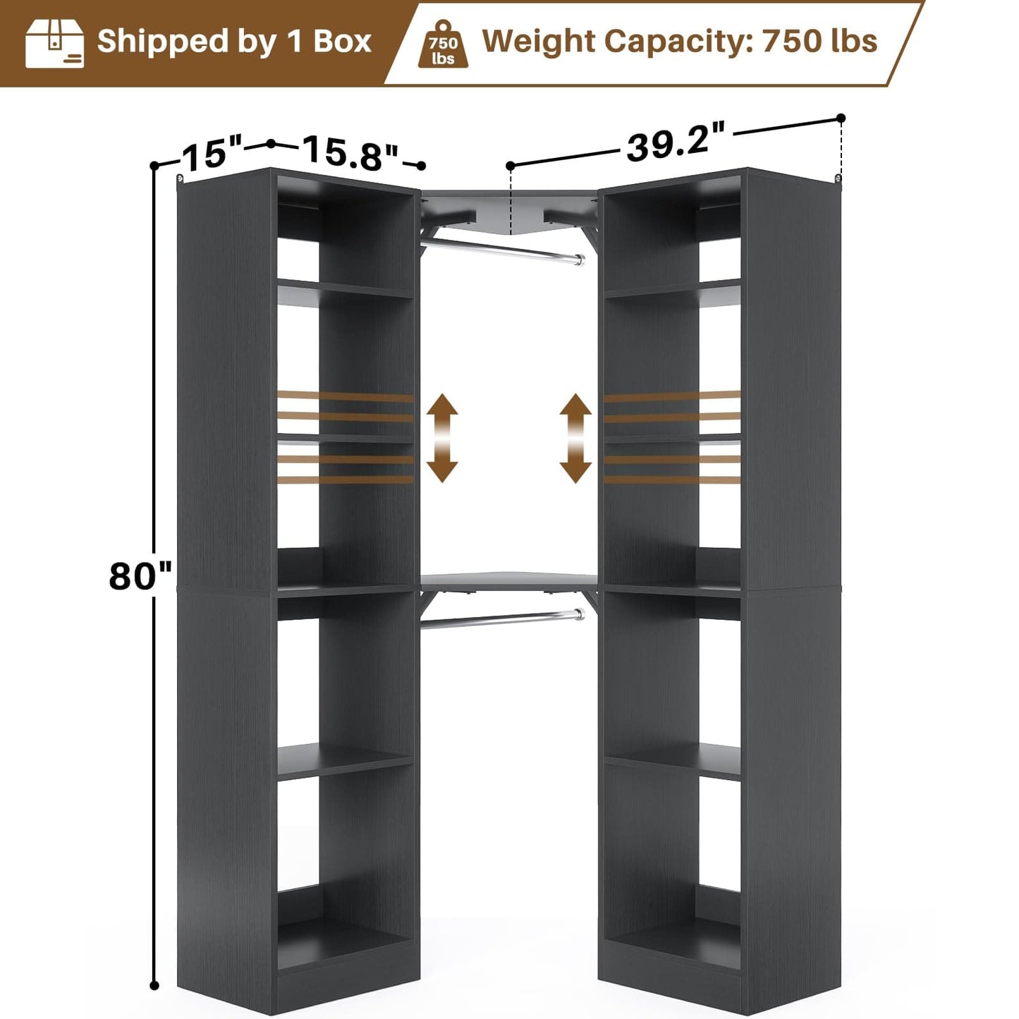 Corner Closet System with 12 Shelves, 40" Large Corner Closet Organizer System with 2 Hanging Rods