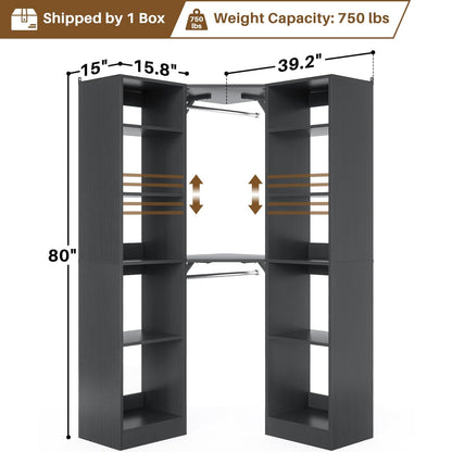 Corner Closet System with 12 Shelves, 40" Large Corner Closet Organizer System with 2 Hanging Rods