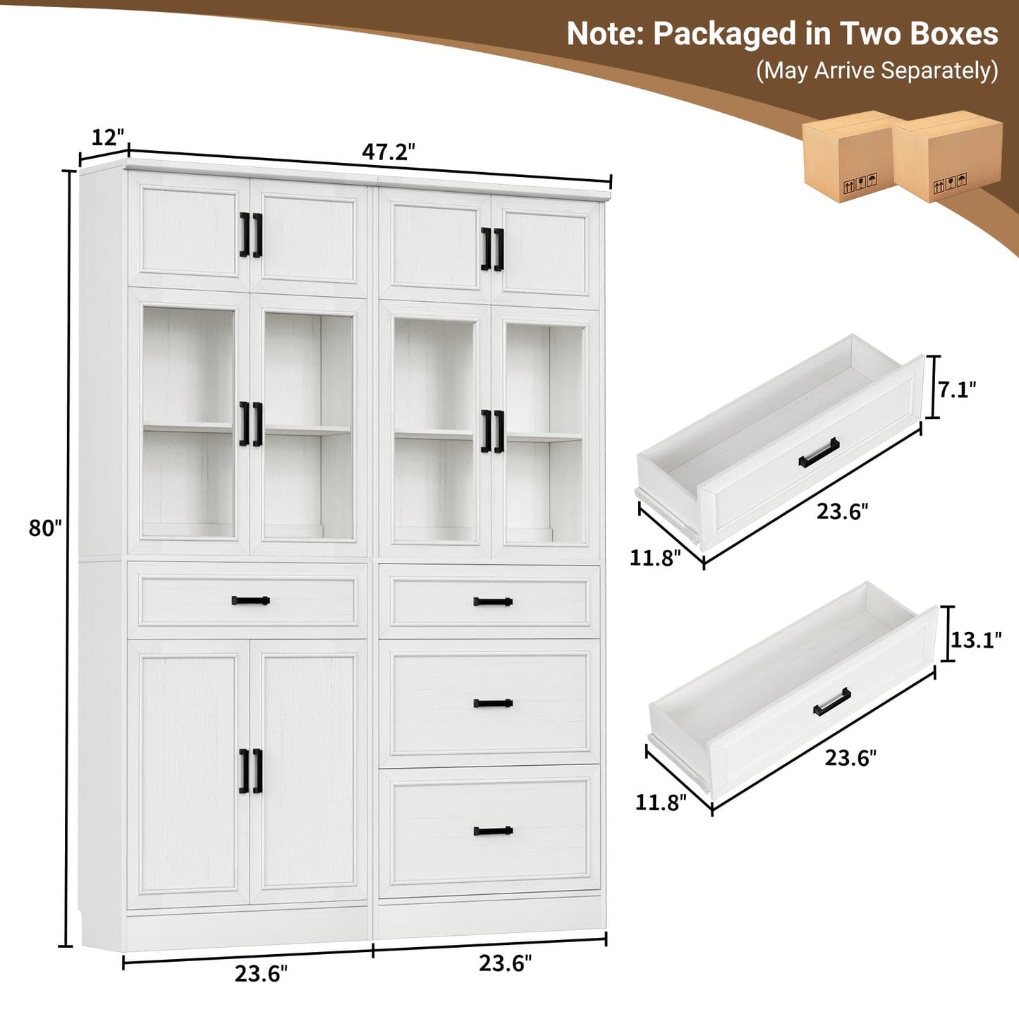 80" Tall Kitchen Pantry Cabinet Sets with Glass Doors, Adjustable Shelves & Drawers - Freestanding Storage Cupboard