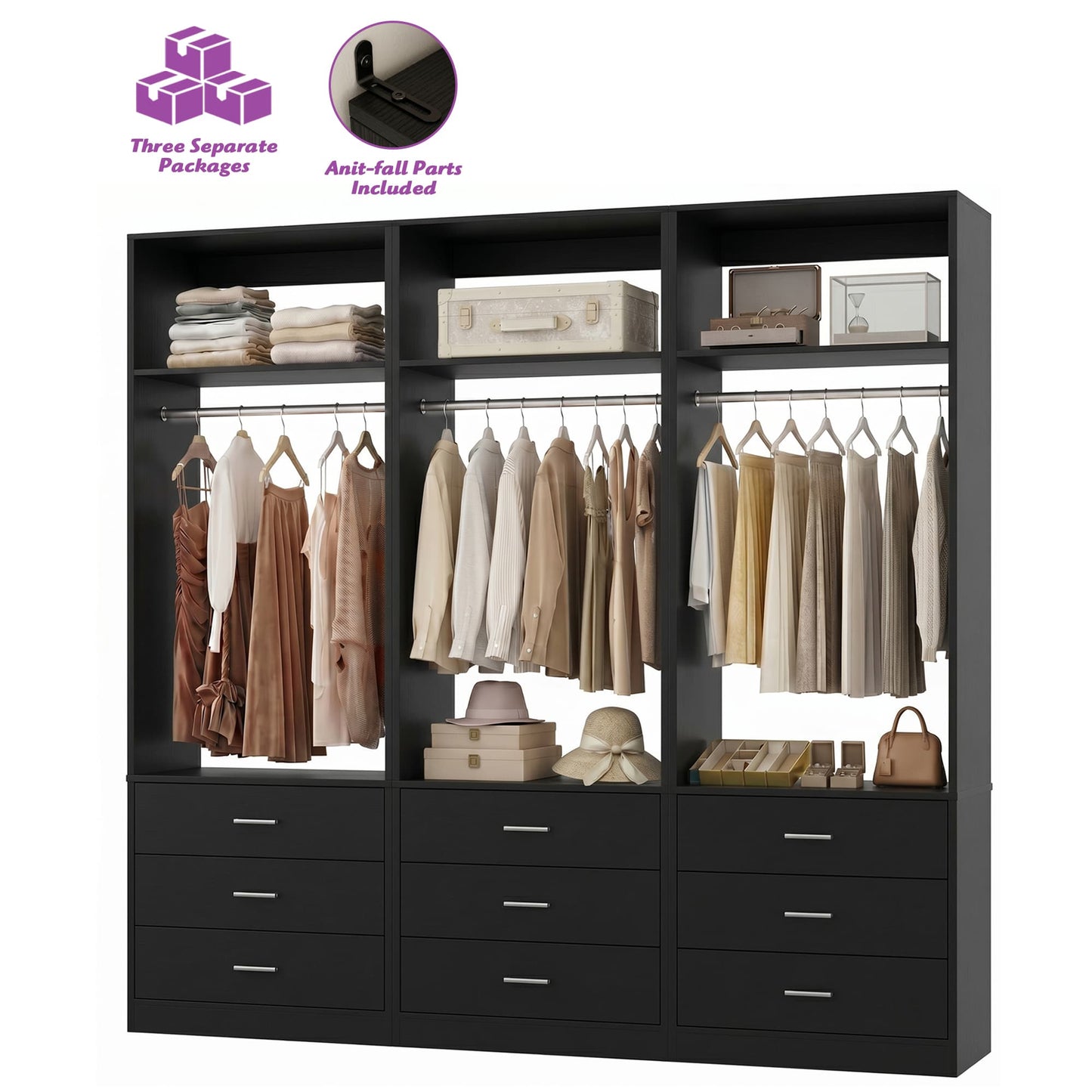 Freestanding Closet System Set - 3-Pack with 3 Wood Drawers Each,With Hanging Rod & Shelves, 24"L x 15"W x 80"H