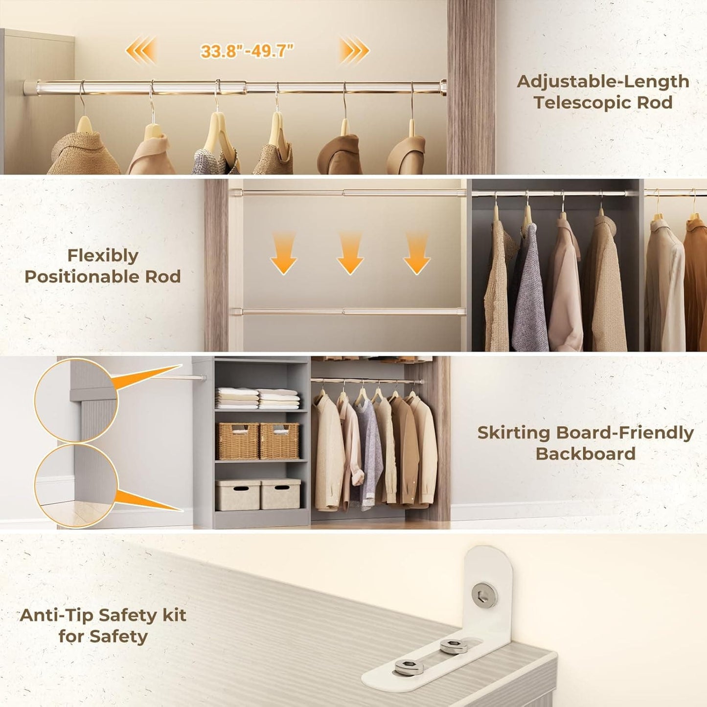 20.5-120'' W Closet Organizer System with 5 Hanging Rods, Shelving Tower