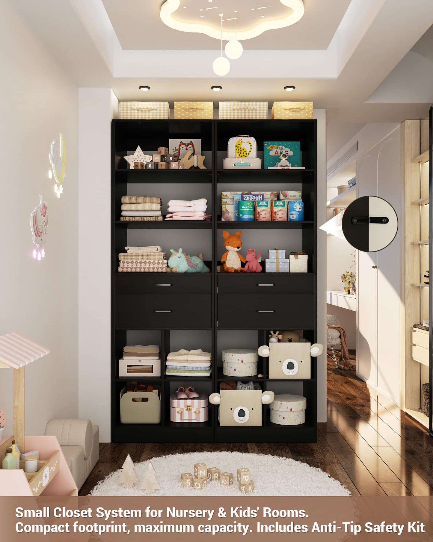 22" Floor-Standing Closet System, Multi-Tiered Wardrobe Storage Unit with Adjustable Shelves & Smooth-Glide Drawers