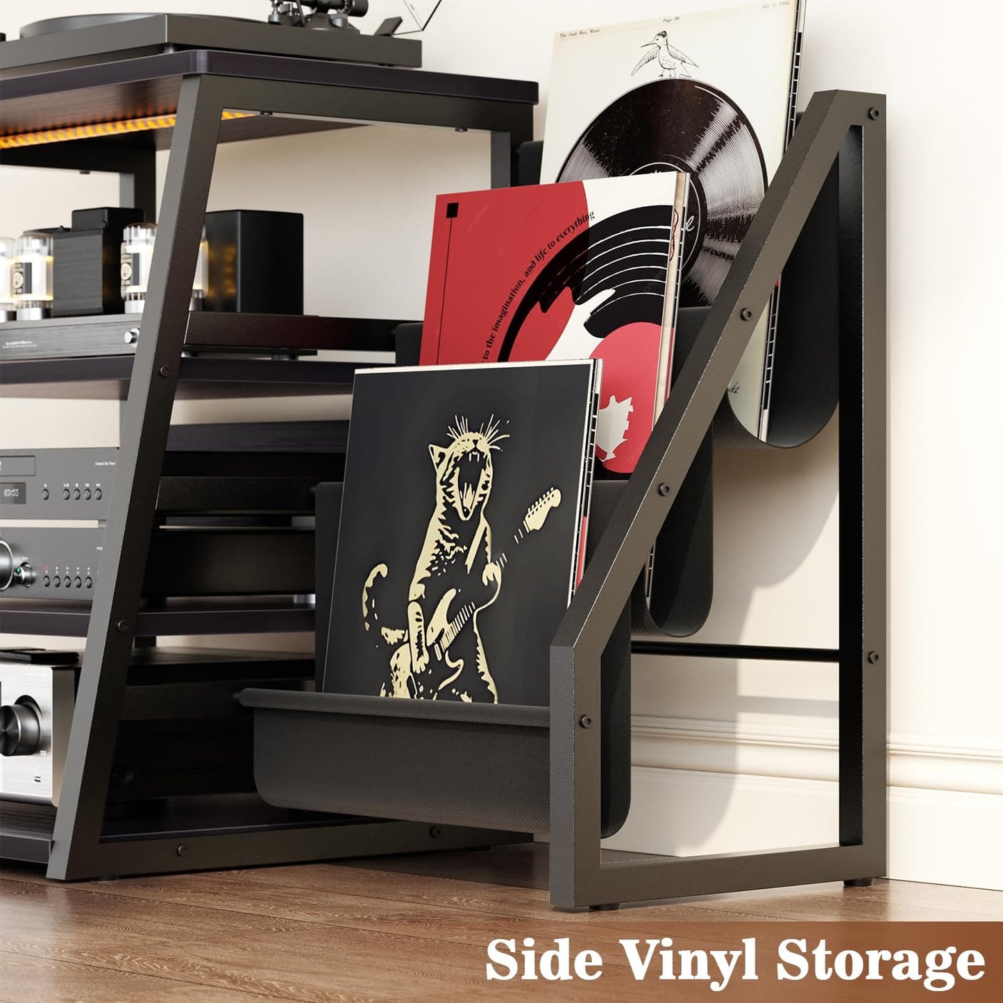 4-Tier Media Stand with Vinyl Storage, Power Outlets & LED Lights