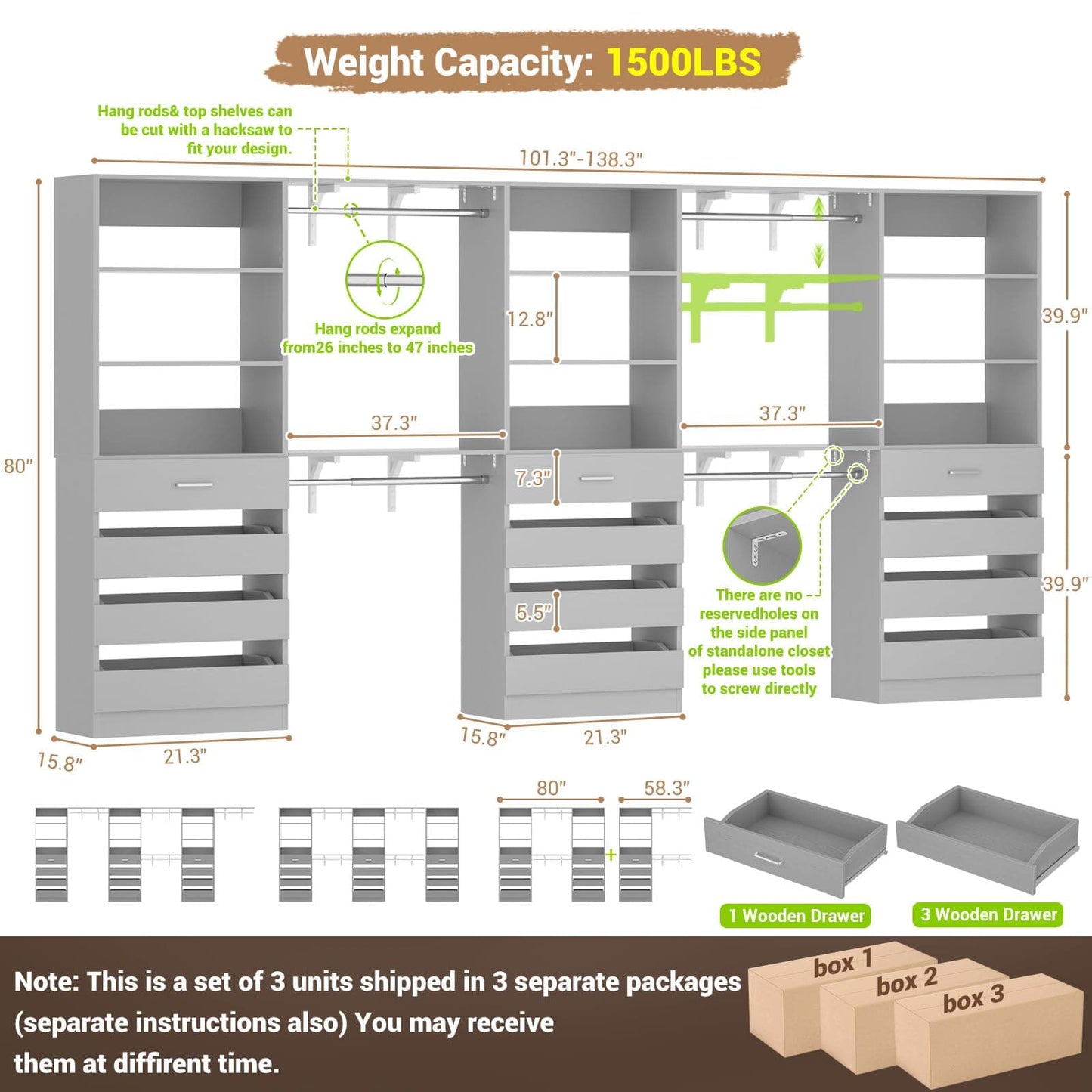 3-Piece L-Shaped Walk-in Closet Organizer System, 138.5" Wood Closet Tower with 12 Drawers & 4 Expandable Hanging Rods, Customizable Wardrobe Storage Set for Bedroom, Apartment