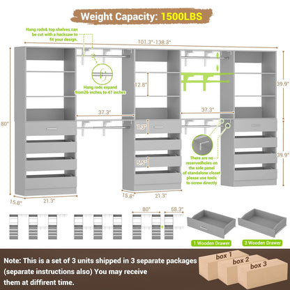 3-Piece L-Shaped Walk-in Closet Organizer System, 138.5" Wood Closet Tower with 12 Drawers & 4 Expandable Hanging Rods, Customizable Wardrobe Storage Set for Bedroom, Apartment