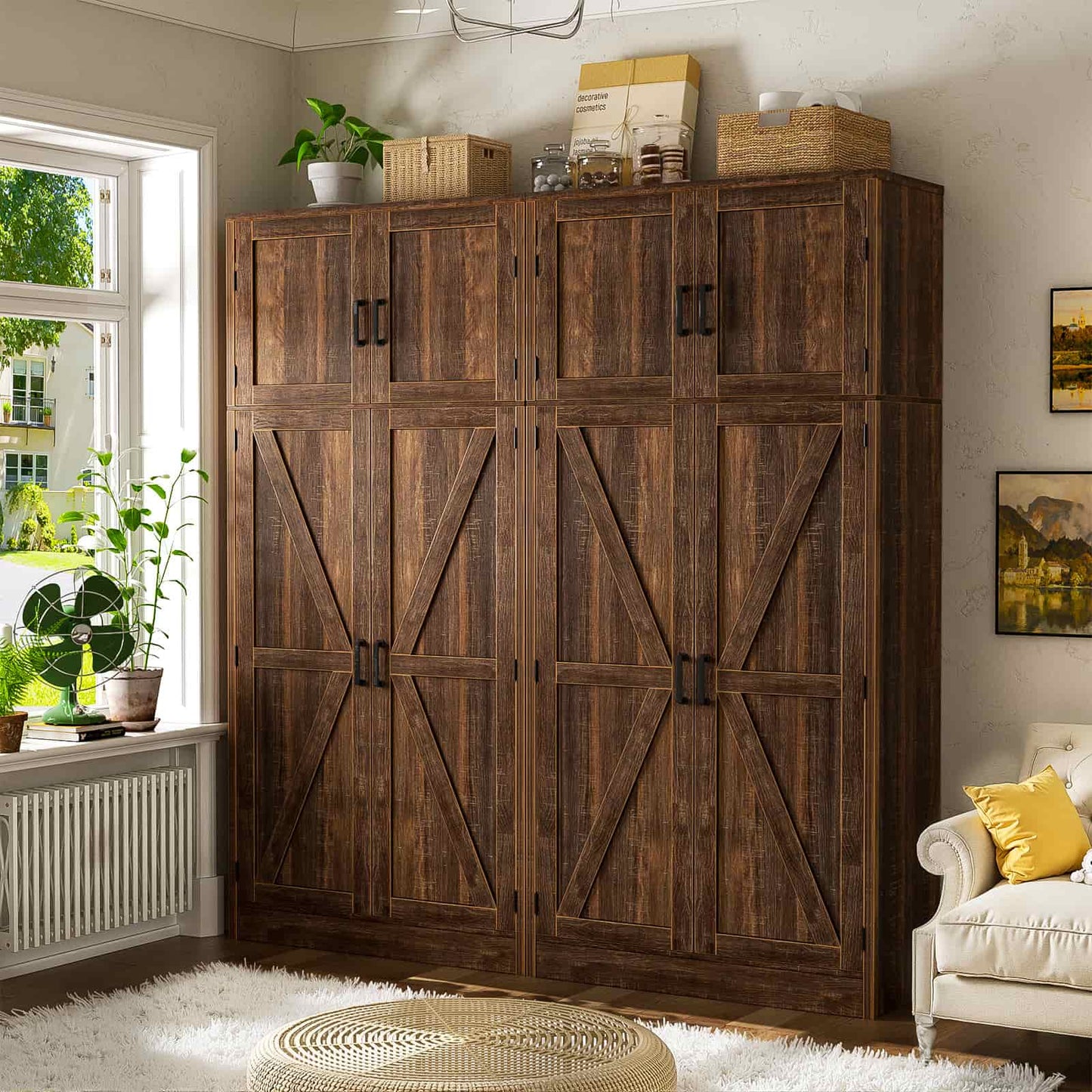Farmhouse Kitchen Pantry Storage Cabinet with Adjustable Shelves and Barn Doors