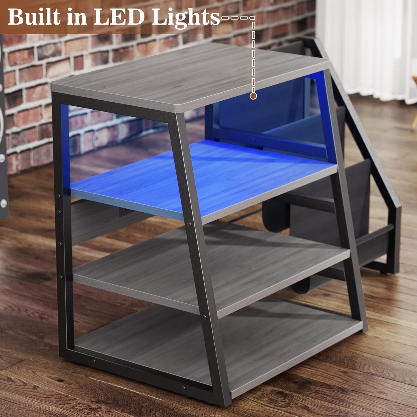 4-Tier Media Stand with Vinyl Storage, Power Outlets & LED Lights