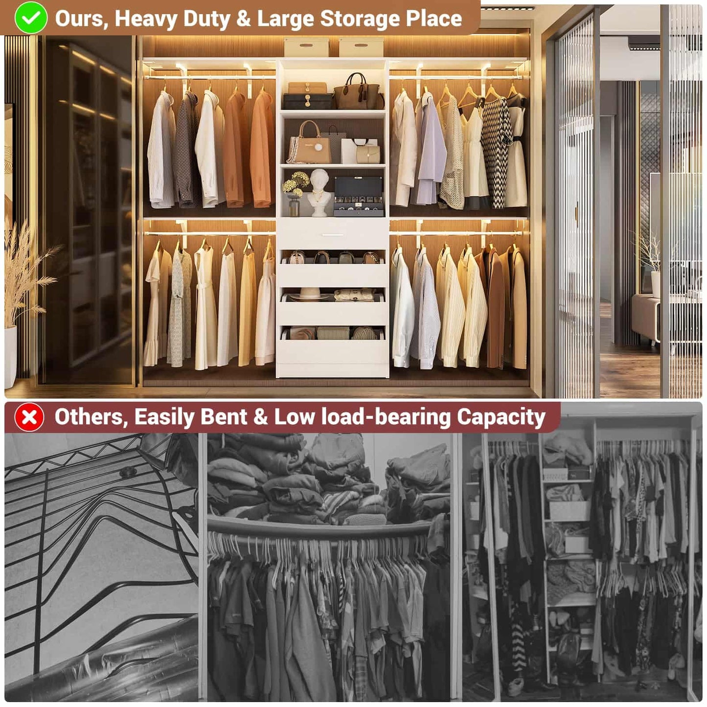 Closet System, 8FT Closet Organizer with 4 Wooden Drawers, Wood Closet Organizer System with Tower, Walk-in Closet Organizer Wardrobe