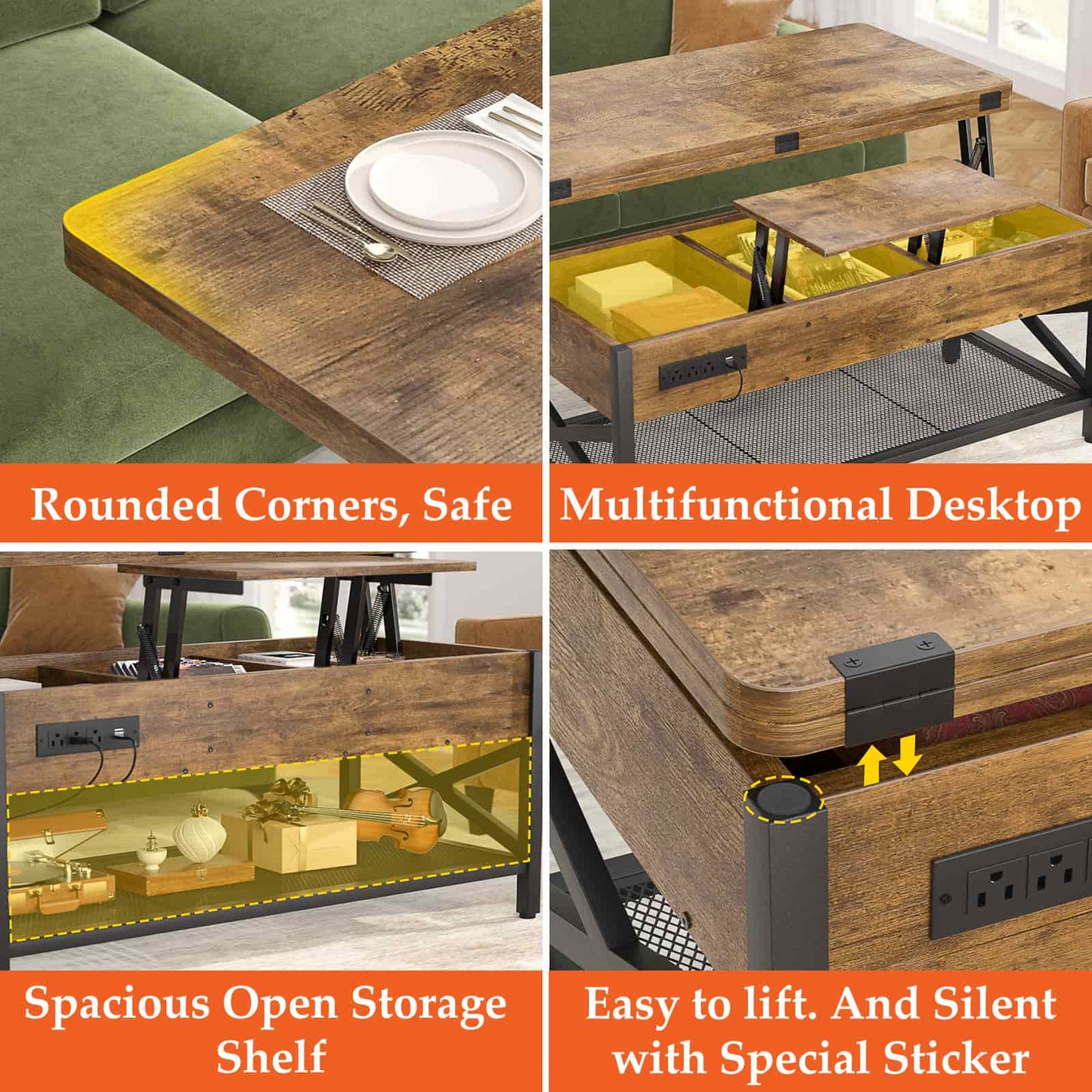Coffee Table Lift Top with LED Light and Power Outlet, Multi-Function Coffee Table Converts to Dining Table