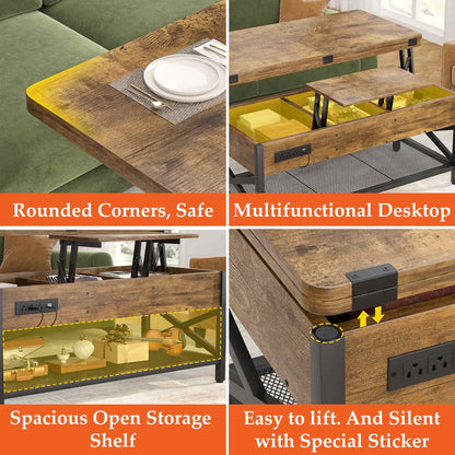Coffee Table Lift Top with LED Light and Power Outlet, Multi-Function Coffee Table Converts to Dining Table