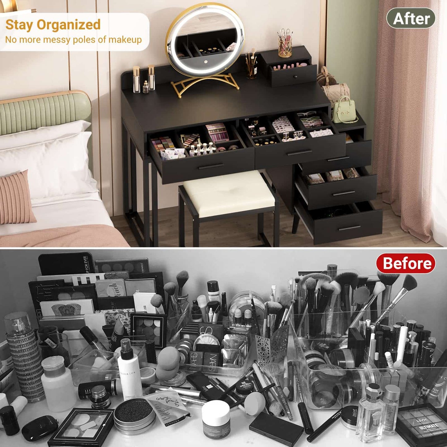 Vanity Desk with Mirror and Lights, Modern Makeup Vanity Table Set with 6 Storage Drawers and Cushioned Stool