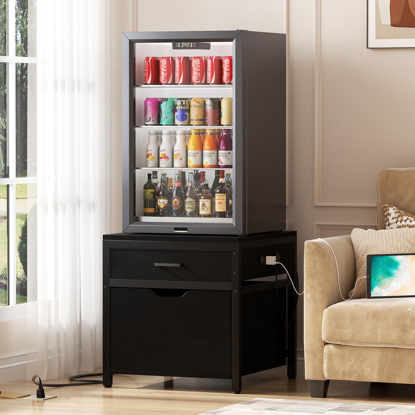 Mini Fridge Stand with Drawer Storage & Sockets, Heavy Duty Mini Refrigerator table with Rolling Cabinet