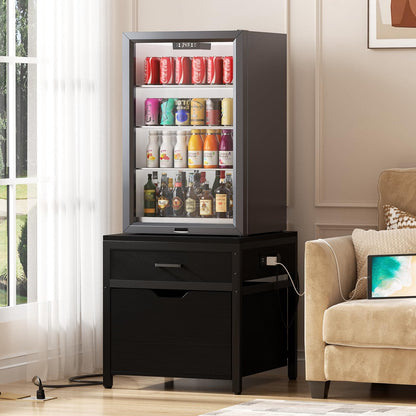 Mini Fridge Stand with Drawer Storage & Sockets, Heavy Duty Mini Refrigerator table with Rolling Cabinet