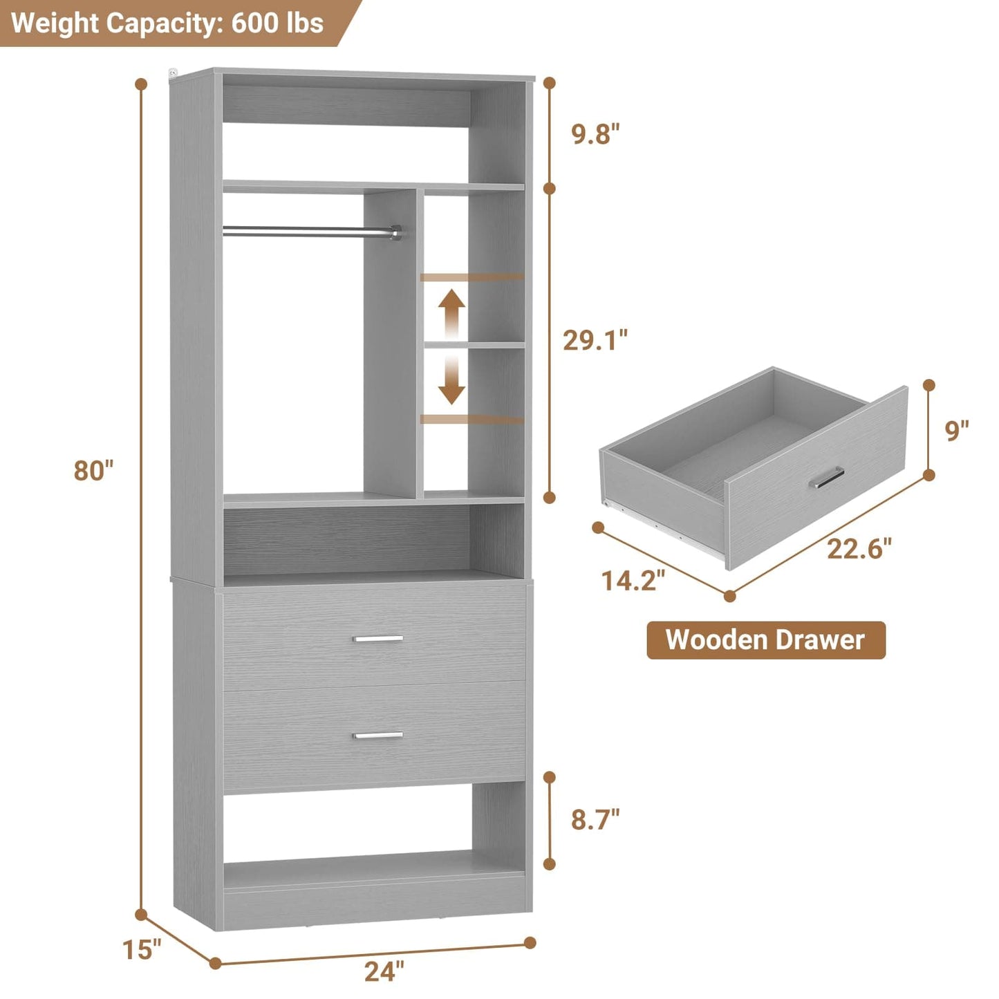 Freestanding 24" Closet System with 2 Wood Drawers, 2FT Small Closet Organizer System with 6 Shelves & Hanging Rod