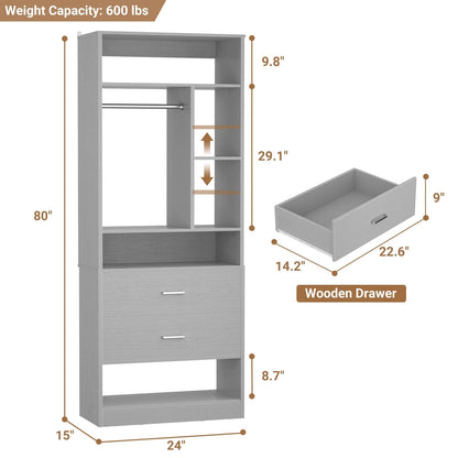 Freestanding 24" Closet System with 2 Wood Drawers, 2FT Small Closet Organizer System with 6 Shelves & Hanging Rod