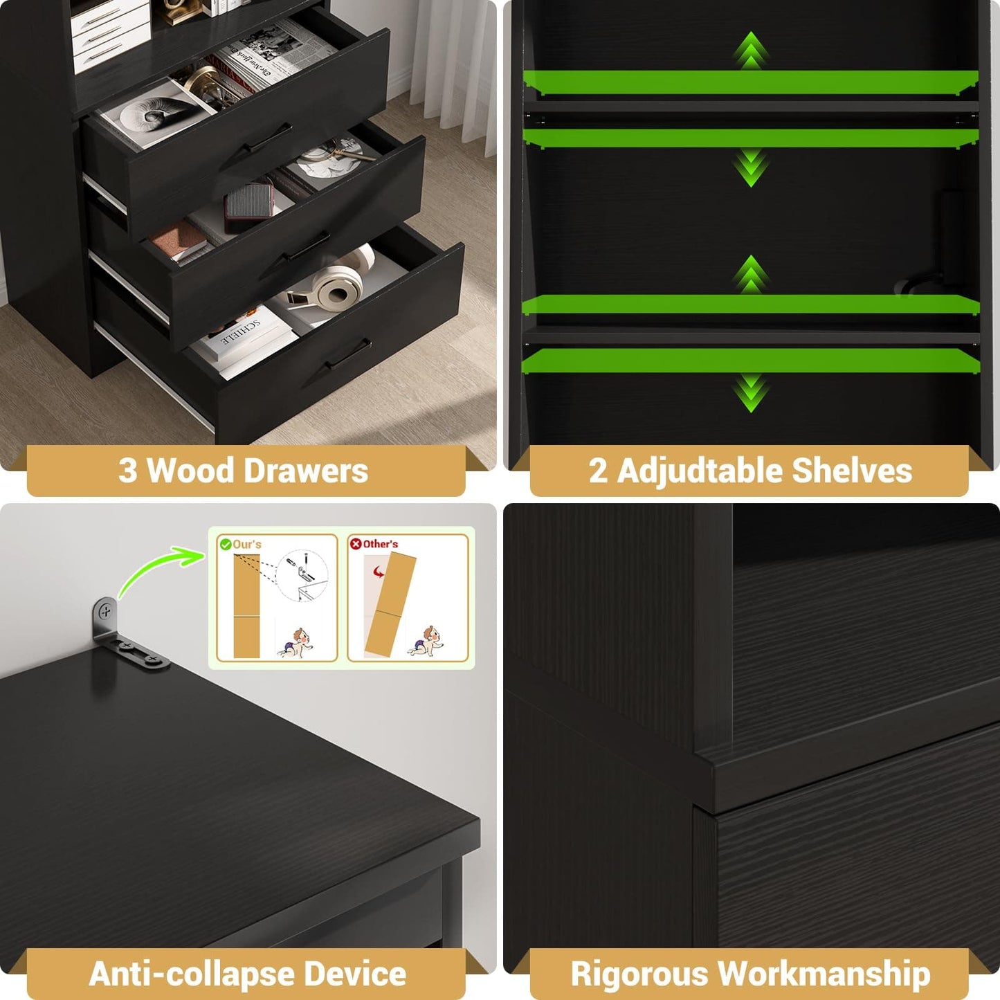 71" Tall Bookcases with 3 Large Drawers & 3 Shelves, Wooden Bookshelf for Living Room Offic