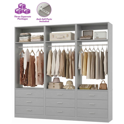 Freestanding Closet System Set - 3-Pack with 3 Wood Drawers Each,With Hanging Rod & Shelves, 24"L x 15"W x 80"H