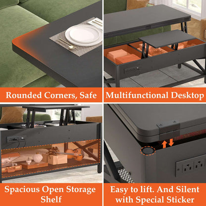 Coffee Table Lift Top with LED Light and Power Outlet, Multi-Function Coffee Table Converts to Dining Table