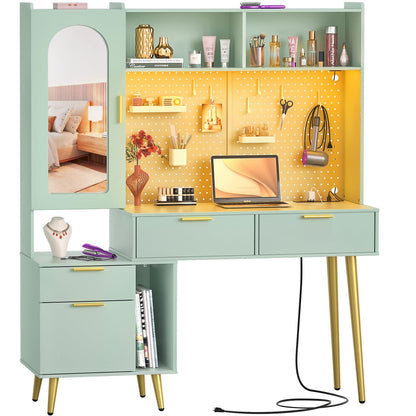 48" Makeup Vanity with Hutch, LED Lighted Mirror & Charging Station, 5 Large Drawers, Shelves, Pegboard & Cabinet