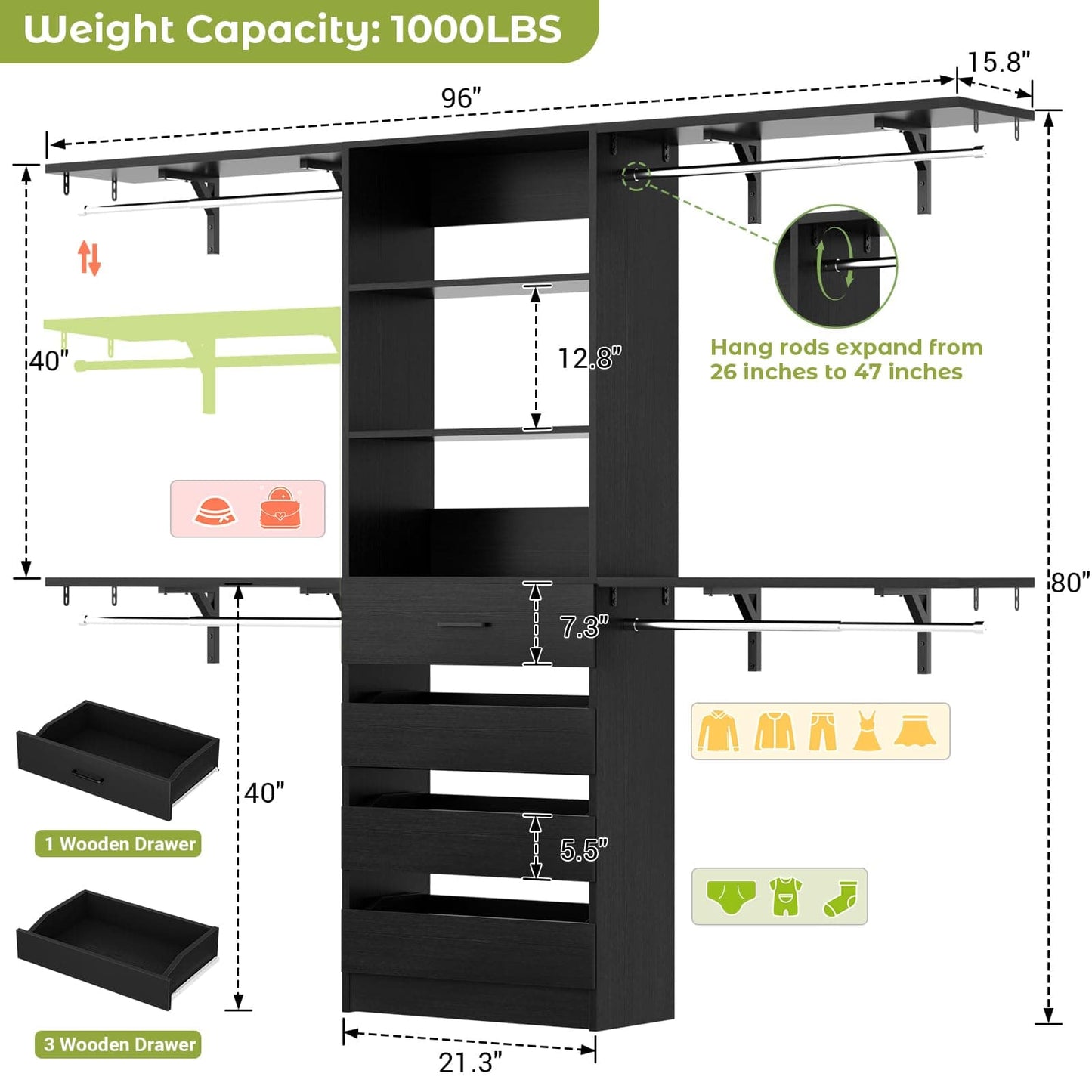 Closet System, 8FT Closet Organizer with 4 Wooden Drawers, Wood Closet Organizer System with Tower, Walk-in Closet Organizer Wardrobe