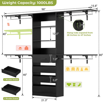 Closet System, 8FT Closet Organizer with 4 Wooden Drawers, Wood Closet Organizer System with Tower, Walk-in Closet Organizer Wardrobe