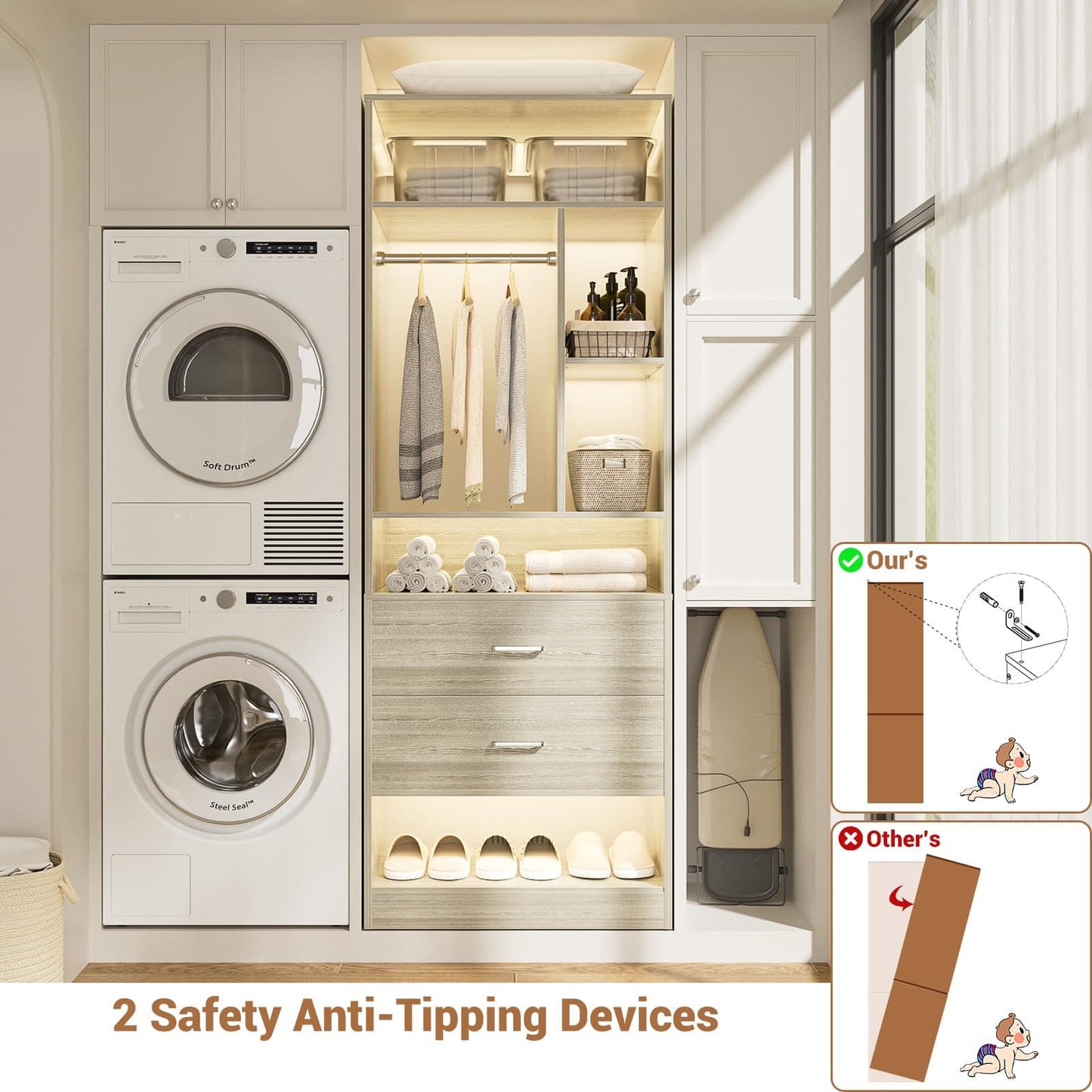 Freestanding 24" Closet System with 2 Wood Drawers, 2FT Small Closet Organizer System with 6 Shelves & Hanging Rod