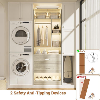 Freestanding 24" Closet System with 2 Wood Drawers, 2FT Small Closet Organizer System with 6 Shelves & Hanging Rod