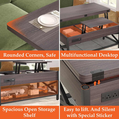 Coffee Table Lift Top with LED Light and Power Outlet, Multi-Function Coffee Table Converts to Dining Table