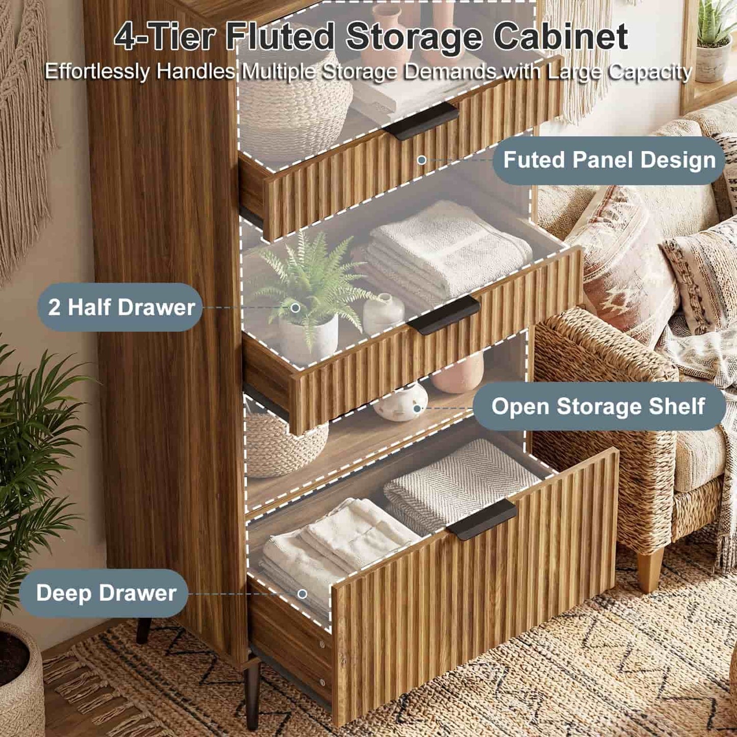 Modern Fluted Storage Cabinet, 51.2" Tall Freestanding Organizer with 3 Drawers & Open Shelf, Versatile Pantry Cabinet for Bathroom, Kitchen, Entryway - Narrow Design for Small Spaces
