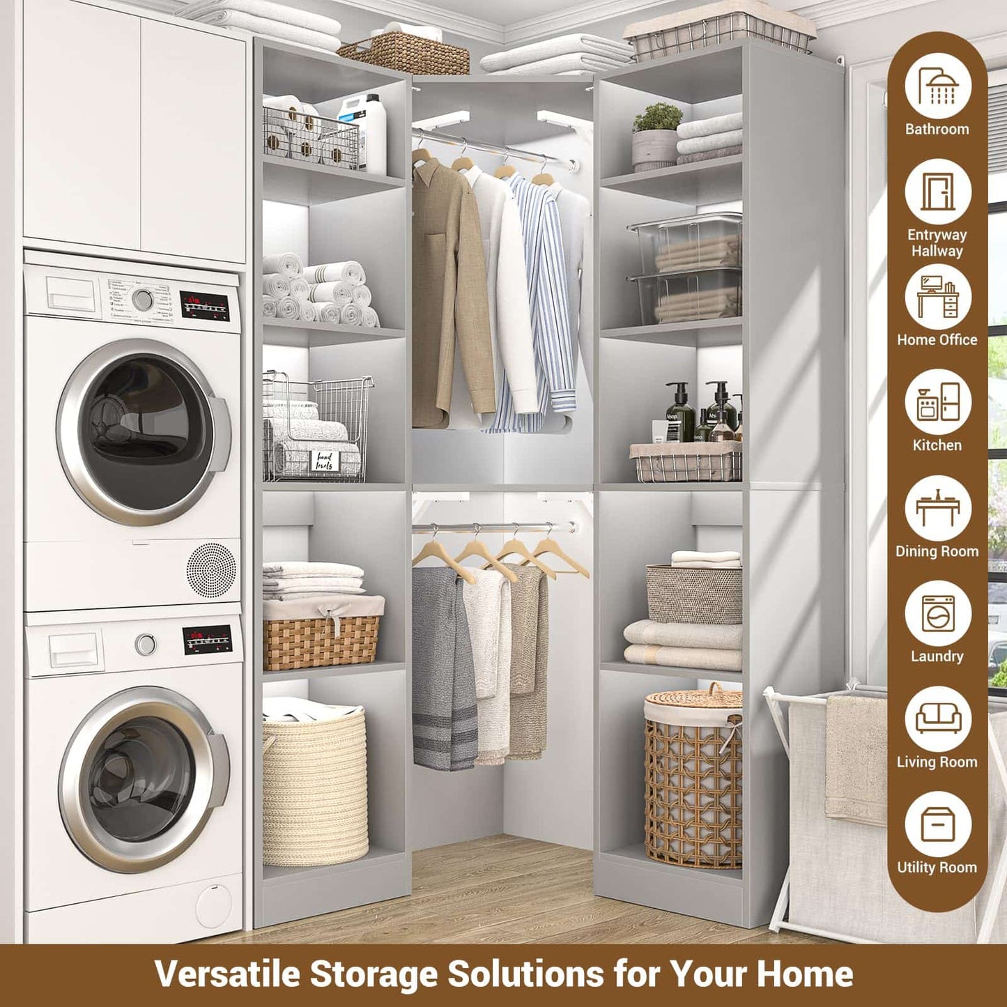 Corner Closet System with 12 Shelves, 40" Large Corner Closet Organizer System with 2 Hanging Rods