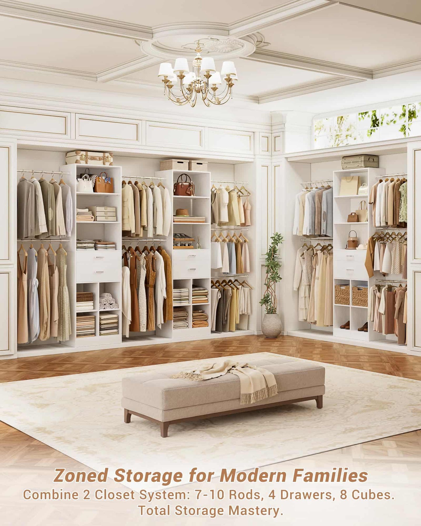 Adjustable Small Closet System, 3.2-6.8FT Expandable Closet Organizer with 2 Wooden Drawers & 5 Heavy-Duty Hanging Rods