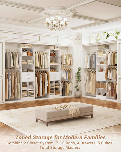 Adjustable Small Closet System, 3.2-6.8FT Expandable Closet Organizer with 2 Wooden Drawers & 5 Heavy-Duty Hanging Rods