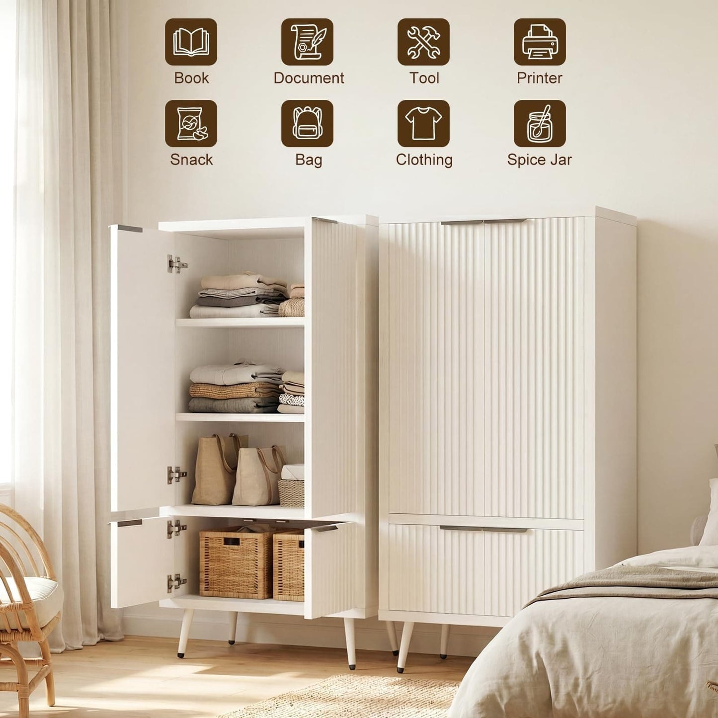 51.2" Freestanding Storage Cabinet with 4 Fluted Doors, Adjustable Shelves & Raised Legs - Wobble-Free Organizer for Bathroom, Kitchen, Living Room