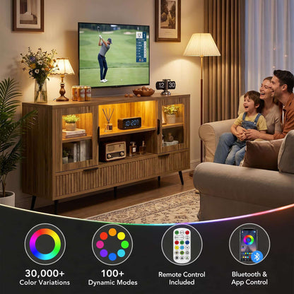 RGB LED TV Stand with Power Outlet, 45" Entertainment Center with 8 Storage Drawers & Cabinets, Vanity Storage Cabinet ,Media Console Fits 30"-55" TVs for Living Room Bedroom