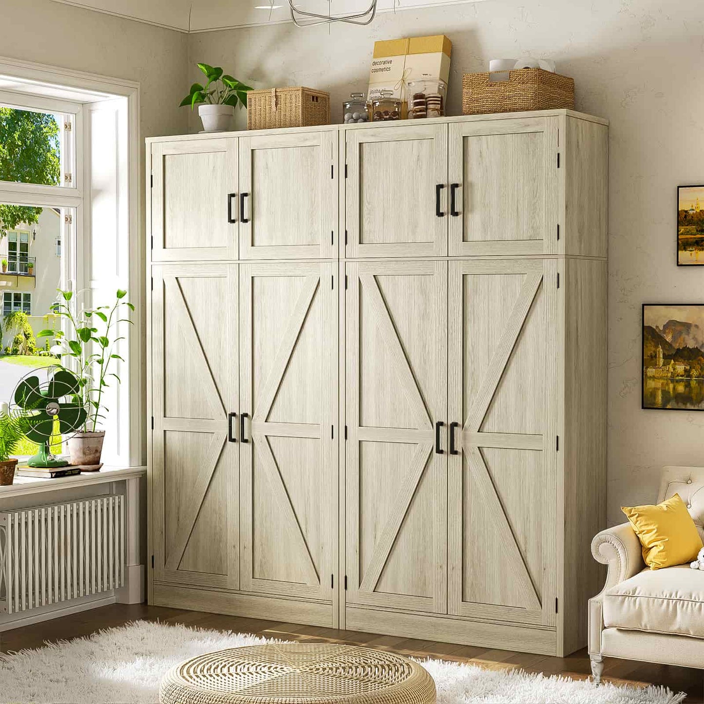 Farmhouse Kitchen Pantry Storage Cabinet with Adjustable Shelves and Barn Doors