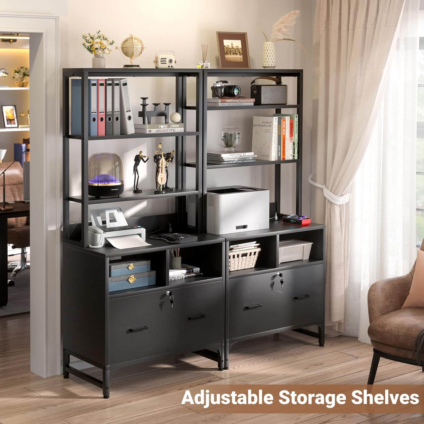 2-Pack Vertical File Cabinet with Shelves, Charging Station, Lock, Large Drawer & Printer Stand
