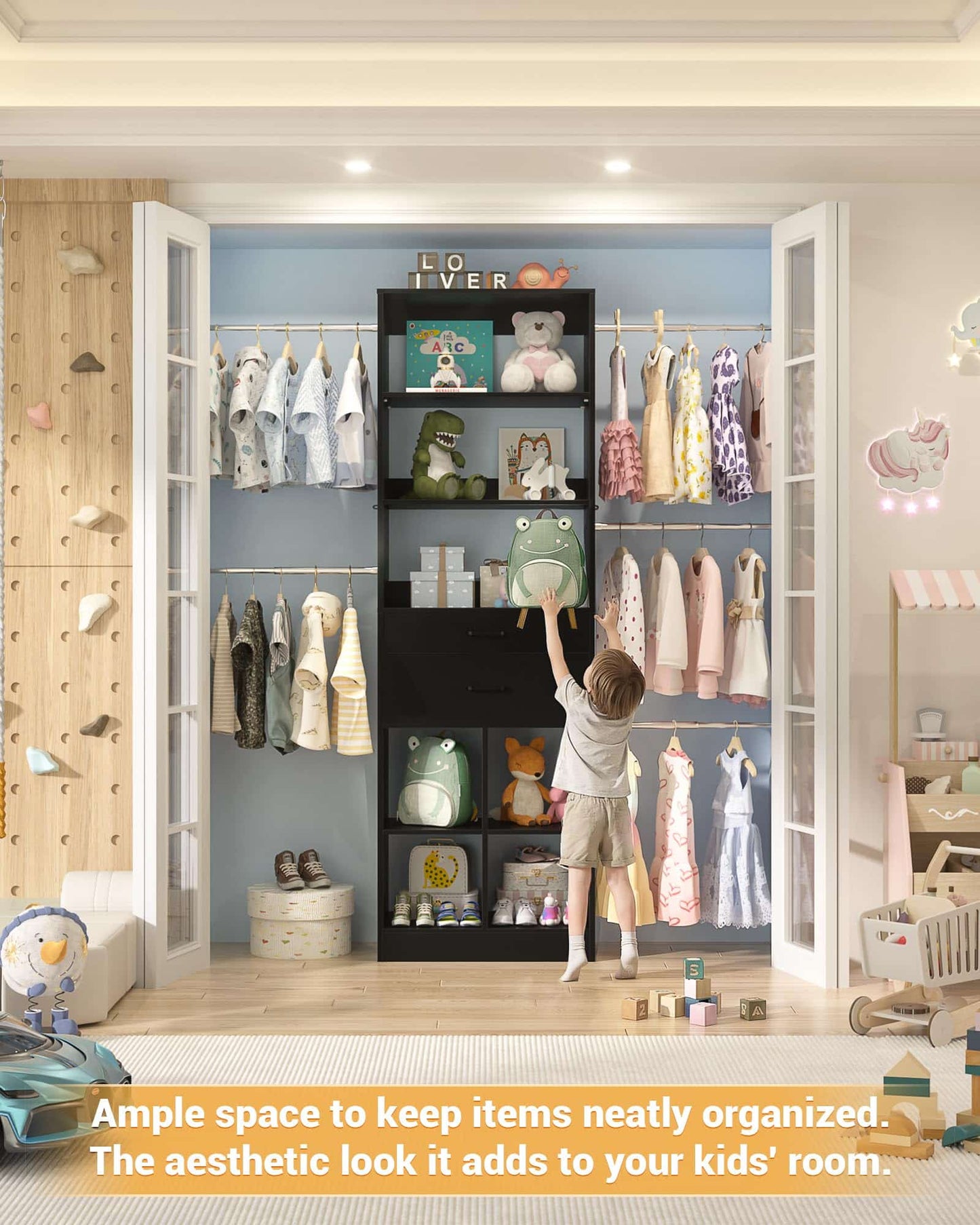 Adjustable Small Closet System, 3.2-6.8FT Expandable Closet Organizer with 2 Wooden Drawers & 5 Heavy-Duty Hanging Rods