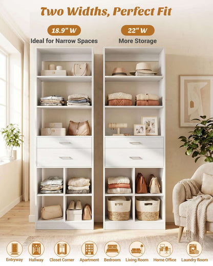 Tall Vertical Closet System, 18.9" Width Freestanding Wardrobe Storage Unit with Adjustable Shelves & Smooth-Glide Drawers