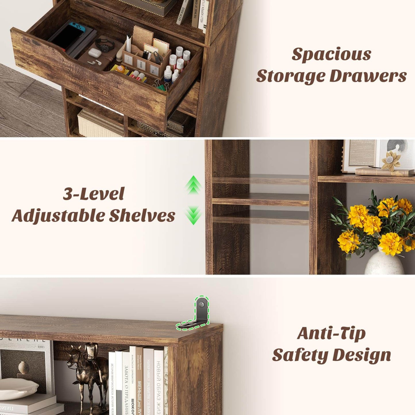 Tall Closet Organizer with 2 Drawers, 79.7" Narrow Freestanding Storage Cabinet, Space-Saving Wood Garment Organizer for Bedroom, Entryway