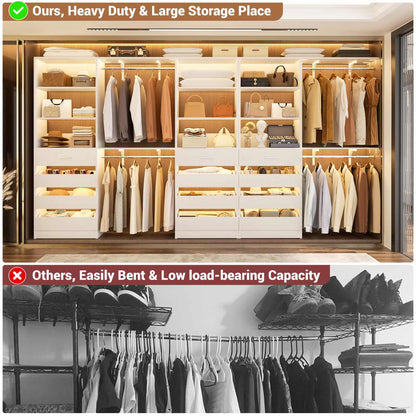 3-Piece L-Shaped Walk-in Closet Organizer System, 138.5" Wood Closet Tower with 12 Drawers & 4 Expandable Hanging Rods, Customizable Wardrobe Storage Set for Bedroom, Apartment
