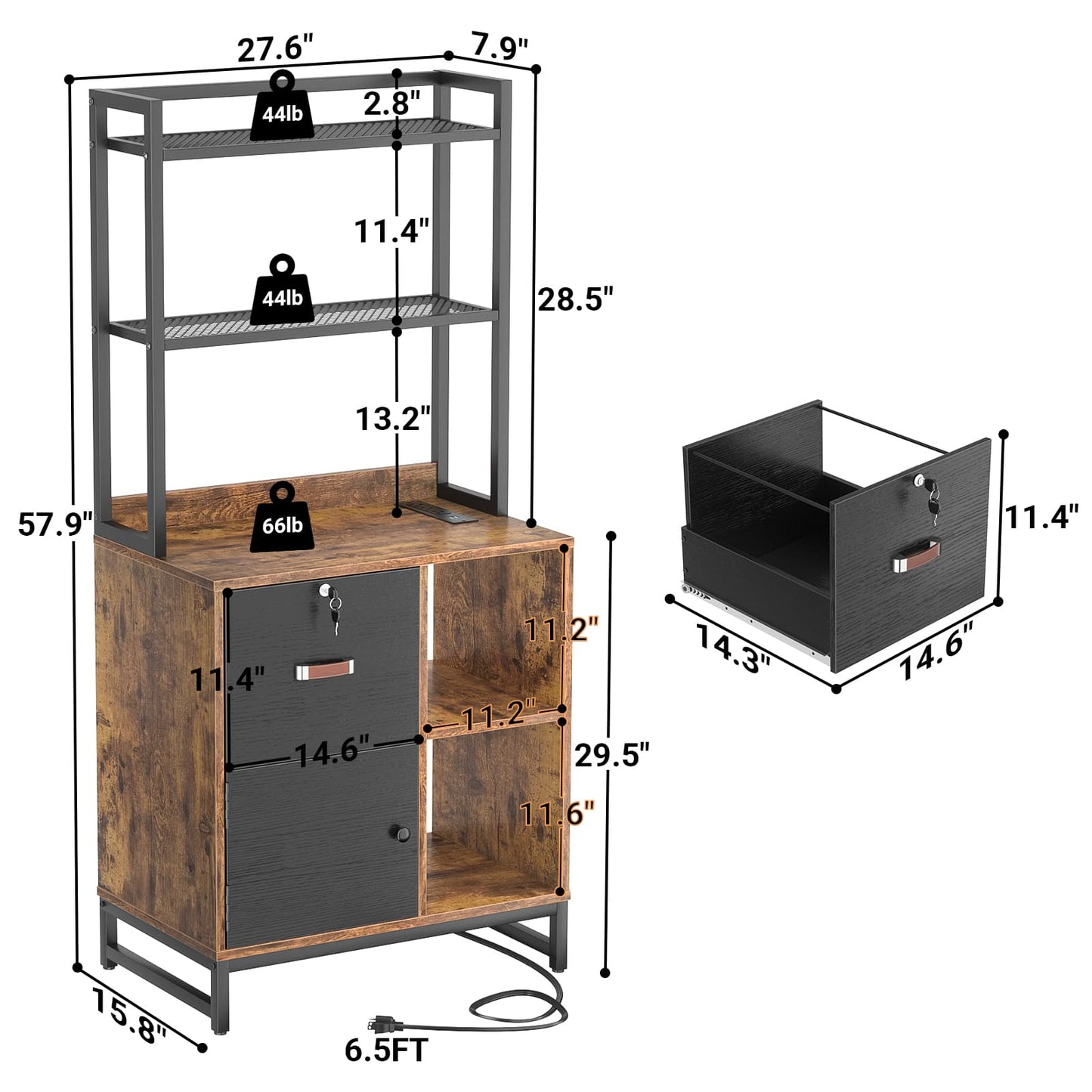 Vertical Filing Cabinet with Lock & Charging Station, Large Drawer Wood File Cabinet with Bookshelf, Printer Stand with Open Storage Shelf