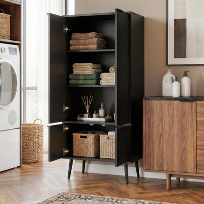 51.2" Freestanding Storage Cabinet with 4 Fluted Doors, Adjustable Shelves & Raised Legs - Wobble-Free Organizer for Bathroom, Kitchen, Living Room