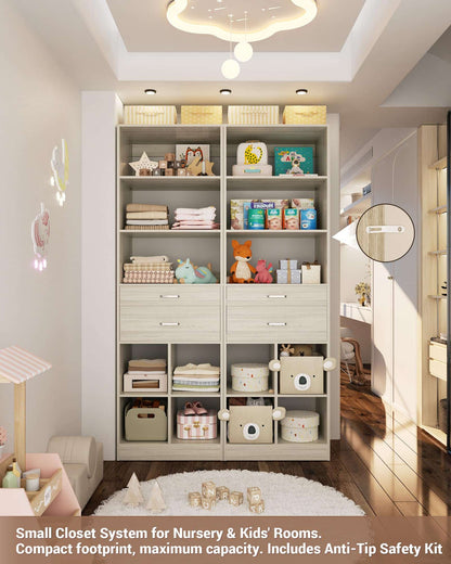 22" Floor-Standing Closet System, Multi-Tiered Wardrobe Storage Unit with Adjustable Shelves & Smooth-Glide Drawers